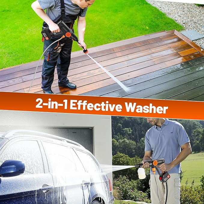 Cordless Handheld Washer Brushless Motor, 6000mAh Battery Operated Car Washer 6-in-1 Nozzle Foam Cannon, Lightweight Water Washer Home Cleaning Tool for Patio Boat Fence Driveway Floor Deck