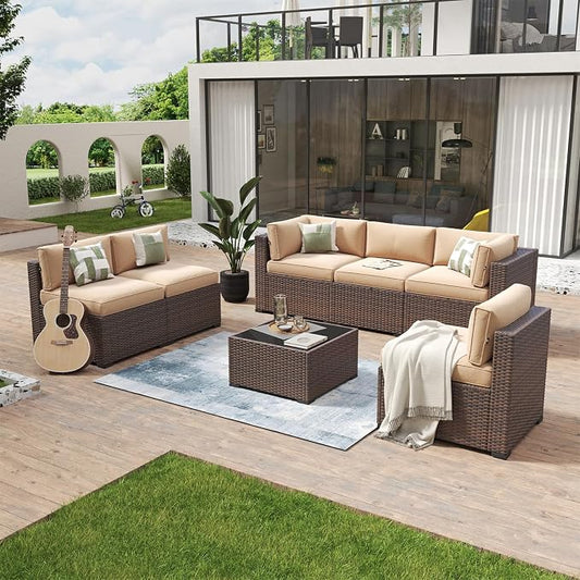 Aoxun 7 Piece Patio Furniture Set Wicker Rattan Patio Conversation Set Outdoor Sectional Sofa Set with Coffee Table and Thickened Cushions, Beige