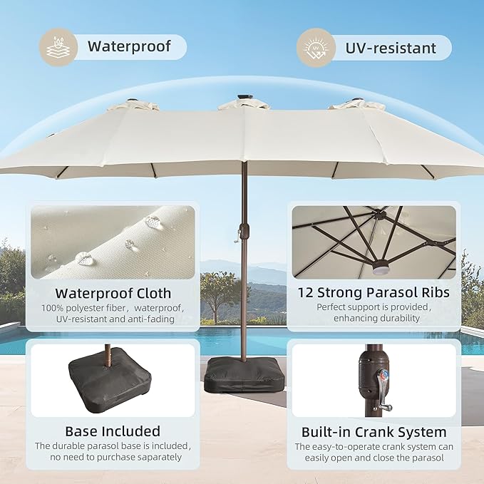 15ft Patio Umbrella with Base Included, Rectangle Double Patio Umbrellas with Crank Handle 12 Ribs, Heavy Duty Large Table Umbrella for Pool Deck Garden Party Commercial