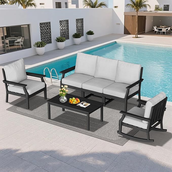HDPE Patio Conversation Set, 6-Piece All Weather Outdoor Furniture Set with 1 Single Rocking Armchairs for Deck, Lawn, with Cushion, Black