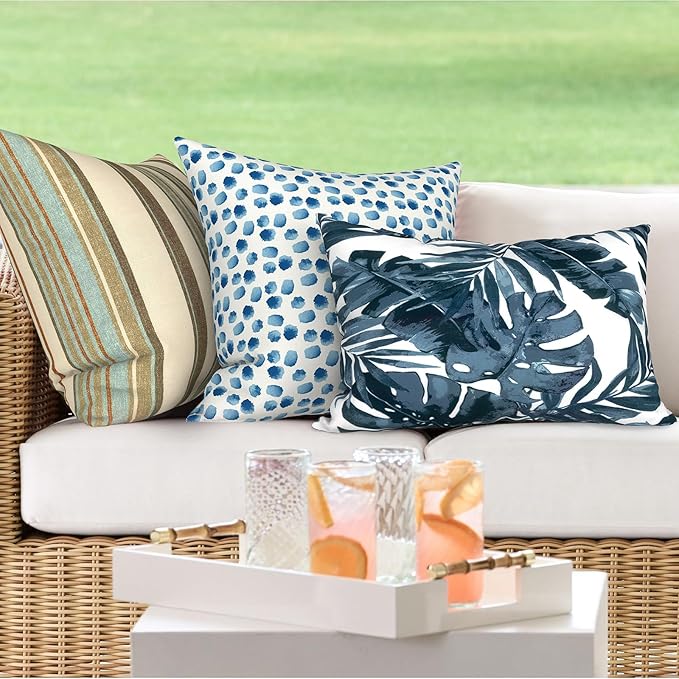 DYTXIII Pack of 2 Outdoor Waterproof Lumbar Pillow Covers ONLY, 12x20 Rectangle Decorative Double Printed Pillow Cases for Patio Couch Porch Furniture - Palm Blue
