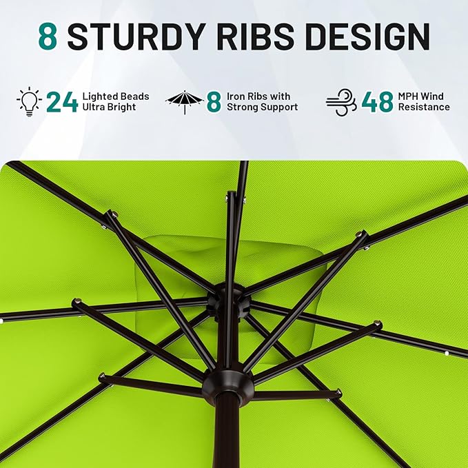 AreShark 8' X 10' Rectangular Patio Umbrella with Solar Lights, Lighted Solar Umbrella with Crank, Outdoor Table Umbrella for Garden, Deck, Backyard, Pool and Beach, Apple Green