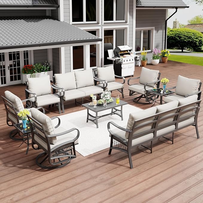 11 Piece Patio Furniture Set, 4 Single Swivel Chairs, Rope Braided Exposed with Thick Cushions, Outdoor All Weather Patio Conversation Sectional Sofa Set for Garden, Porch, Lawn, Beige