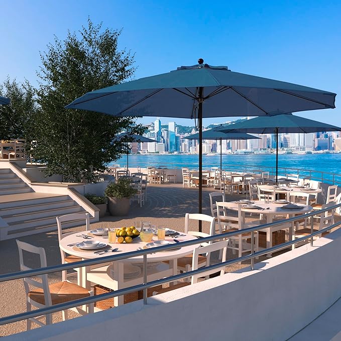 California Umbrella 11Ft Commercial Grade Sunbrella Fabric Market Umbrella, Pulley Lift, Aluminum/Fiberglass, 2mm pole wall, Bronze Frame, Regatta Fabric