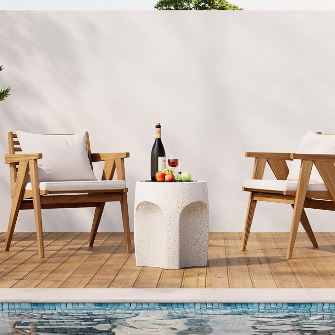 HOMPUS Outdoor Side Table w Arch Shape, Unique Patio End Table, Round MgO Coffee Lightweight Concrete Accent, Modern Vintage Garden Plant Stand for Indoor Outdoor Use, White