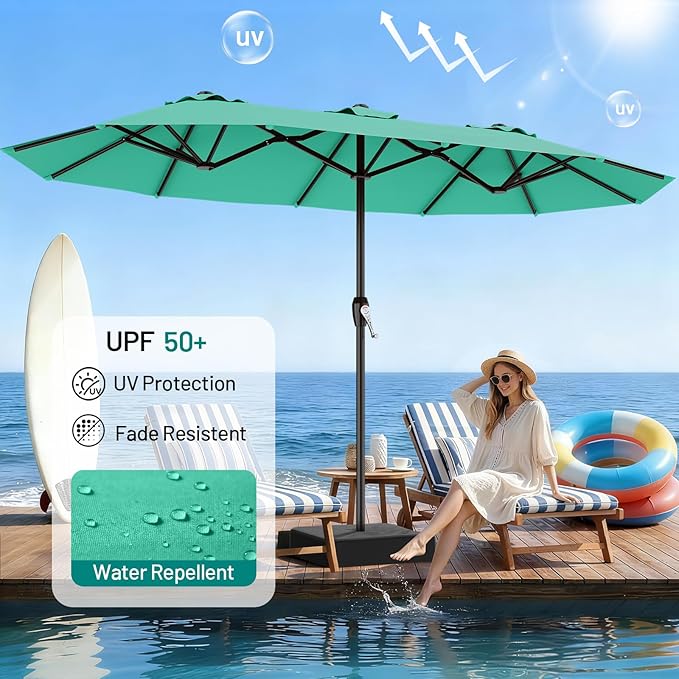 AreShark 15ft Patio Umbrella with Base, Double Sided Outdoor Umbrella with 12 Fiberglass Ribs, Large Outdoor Umbrella for Garden, Pool, Deck, Backyard & Market, Cerulean