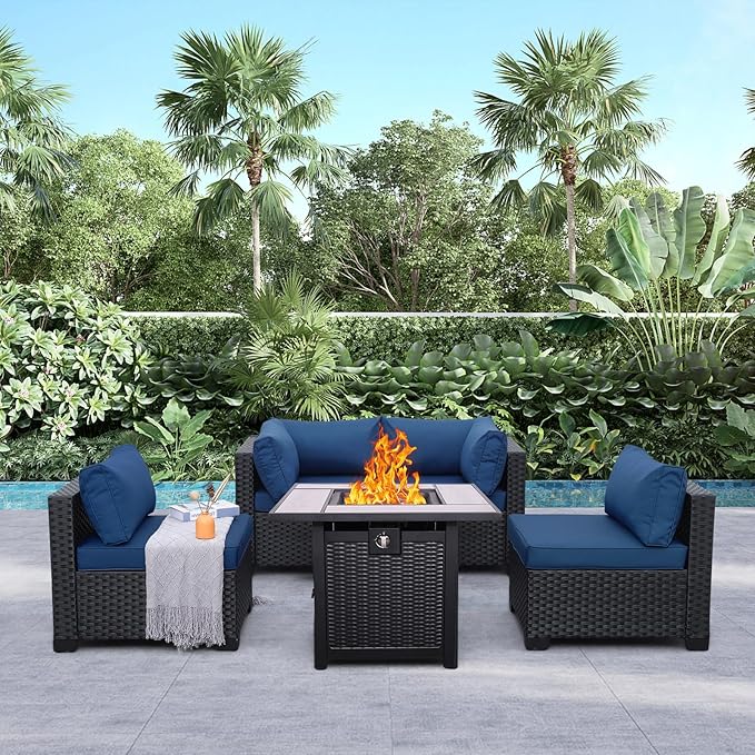 WAROOM Outdoor 5 Piece Patio Furniture Set, Black Rattan Conversation Couch Resin Wicker Sectional Sofa Outside Chair with Propane Fire Pit Table, Navy Blue Cushion