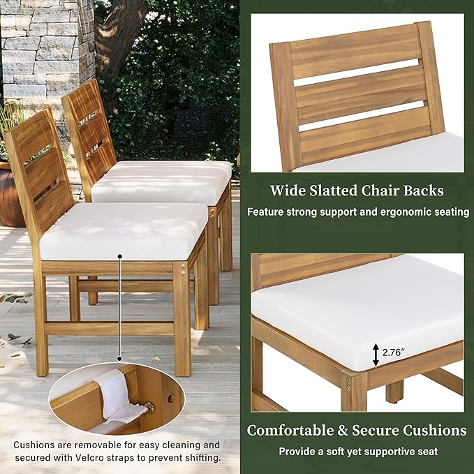 RUNNA Farmhouse 5-Piece Outdoor Patio Dining Set with Adjustable Legs,Acacia Wood Dinning Set for 4,Suitable for Backyard, Garden,or Deck (Beige+Natural)