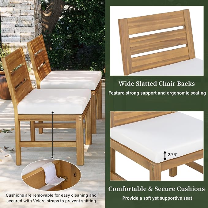 VilroCaz 5-Piece Outdoor Patio Dining Set with Adjustable Legs, Acacia Wood Rectangle Dinning Table and 4 Chairs& Cushions, All-Weather Dining Set for Garden Backyard Lawn (Natural+Beige)