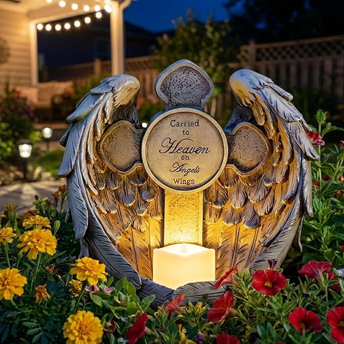 12" Angel Wings Memorial Statue with Cross & LED Candle, Bereavement Condolence Gift, Remembrance Garden Figurine Decor, Waterproof Garden Sculpture Sympathy Gifts for Women, Mom, Grandma, Lover
