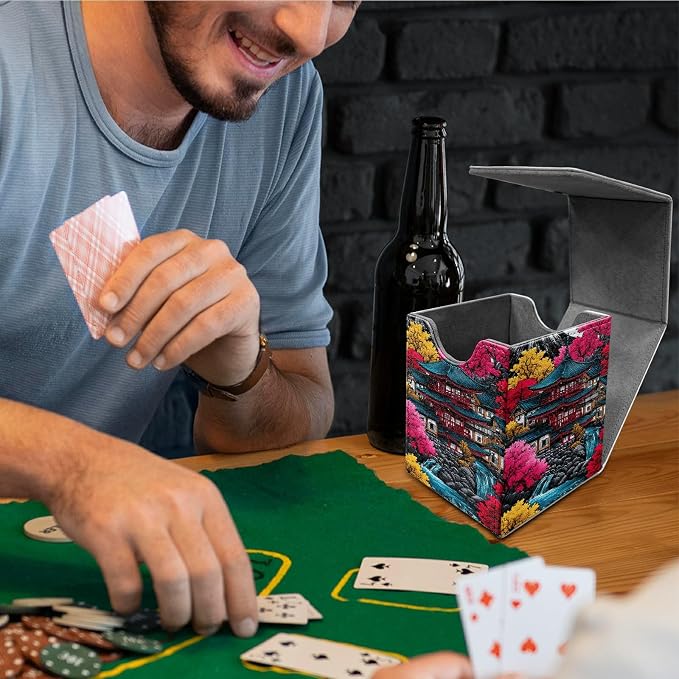 Pink Leaf House Card Deck Box for MTG, Personalized Card Storage Case Fits 120+ Sleeved Cards, Premium Leather TCG Box with Strong Magnetic Closure for Magic, CCG, PTCG, Baseball Cards
