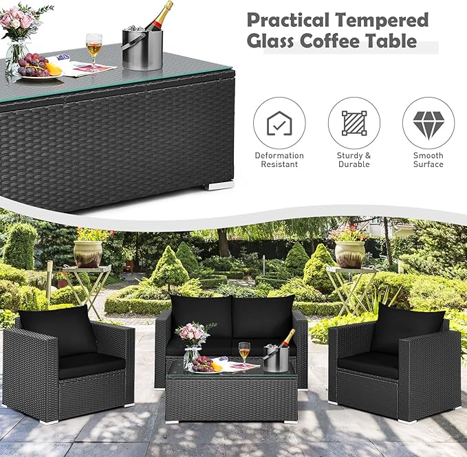 COSTWAY 4-Piece Patio Rattan Furniture Set, Cushioned Sofa Chair, Loveseat and Coffee Table with Tempered Glass Top, Outdoor Conversation Sets for Garden Poolside Balcony Porch (Black)