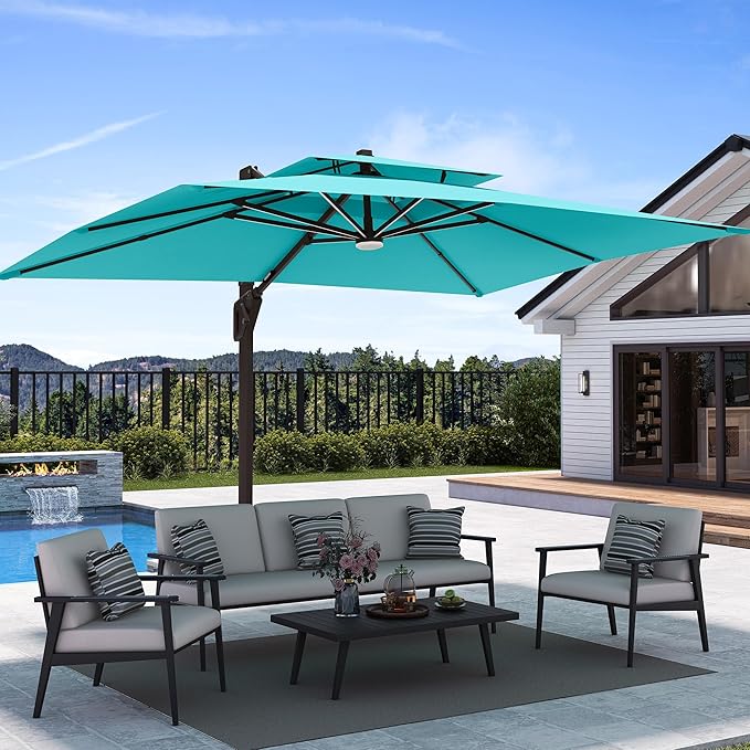 Deconk 9' X 12' Patio Umbrella with LED Lights Outdoor Cantilever Large Rectangle Offset Umbrellas Heavy Duty Aluminum Double Top with 360-degree Rotation for Pool Garden Deck, Turquoise
