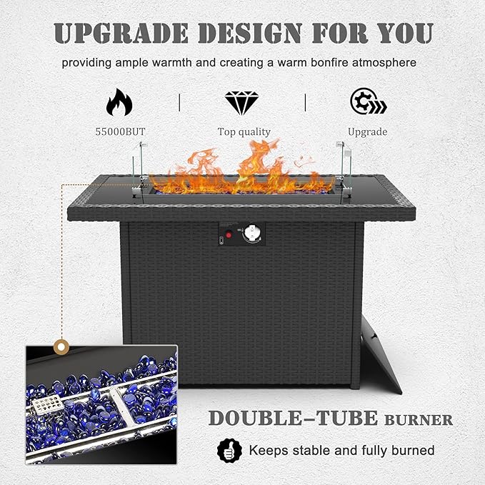15 Pieces Patio Furniture Set with 44" Propane Gas Fire Pit Table, Outdoor Sectional Wicker Conversation Sofa Sets with Coffee Table