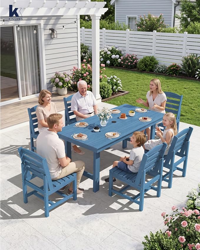 KINGYES 6-Piece Patio Dining Set, HDPE Table, Bench and Armless Chairs Outdoor Furniture Set with Umbrella Hole, Blue
