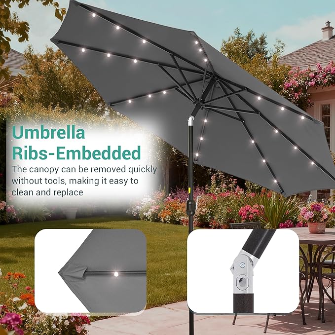 9ft Patio Umbrella Outdoor with Solar Lights,32 LED Lighted Table Market Umbrella with Tilt and Crank, 2-Year-Non-Fading, 8 Sturdy Ribs,for Pool, Deck, Garden,Backyard