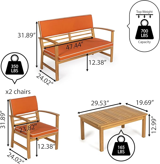 JONATHAN Y LVG1000D-4SET Barclay 4-Piece Modern Coastal Acacia Wood Conversation Outdoor Patio Set with Cushions Transitional, Classic, Traditional, Vintage, Mid-Century, Orange/Teak Brown