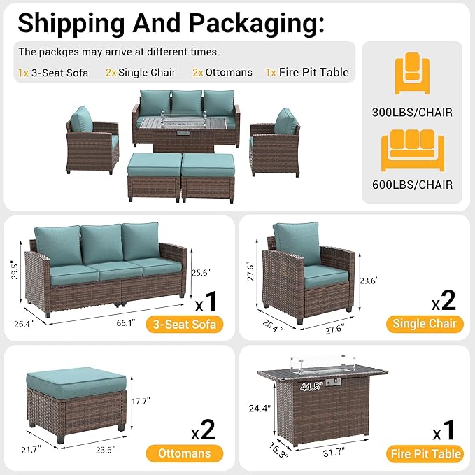 6 Pieces Patio Furniture Set with 44" Gas Fire Pit Table, Outdoor Sectional Conversation Sets, All-Weather Wicker Rattan Sofa w/Gas Fire Pit, Ottoman, Thick Cushion Light Blue