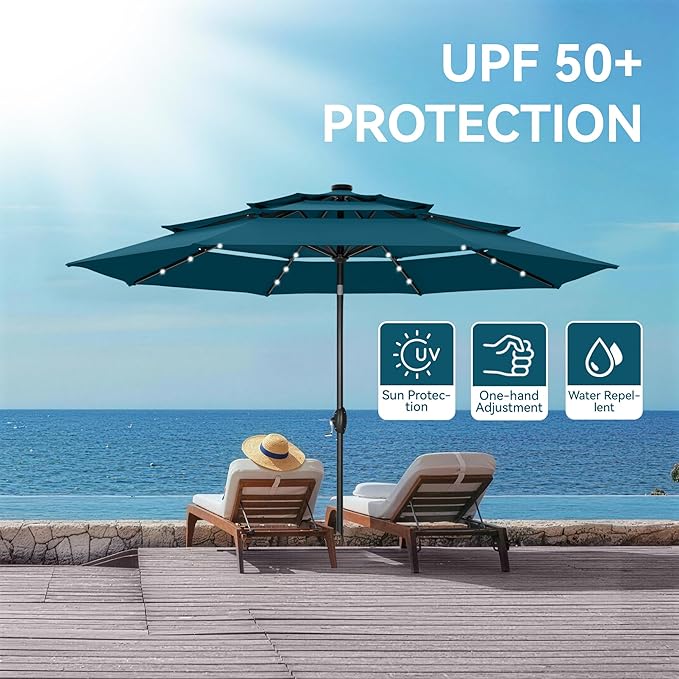GREEN PARTY 10ft Patio Umbrella with Solar Lights, Auto-Tilt Lighted Market Table Umbrellas with Crank, 8 Sturdy Ribs & 1.5" Pole outdoor umbrellas for Patio Garden Deck Backyard Pool, Cerulean