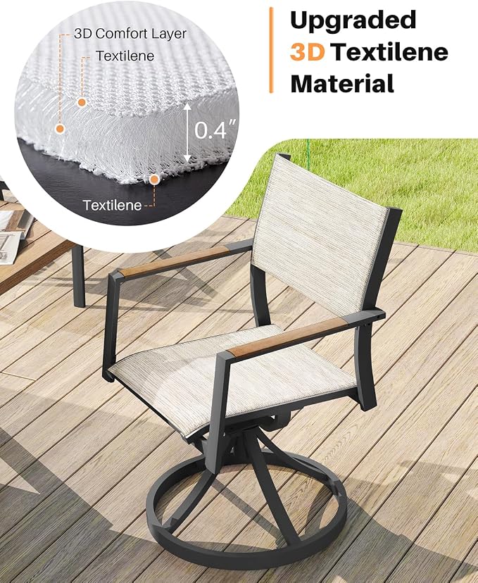 Swivel Patio Chairs Set Set of 2, Never-Rust Aluminum Outdoor Dining Chairs, Patio Swivel Dining Chairs with Upgraded 3D Double-Layer Textilene, Outdoor Swivel Chairs for Deck, Garden, Teak