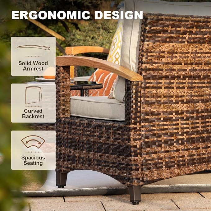 MEISSALIVVE 11-Piece Half-Moon Curved Outdoor Patio Furniture Set, Sectional Conversation Sofa with Wood Armrests, Coffee & Side Tables for Backyard Deck Garden, Beige