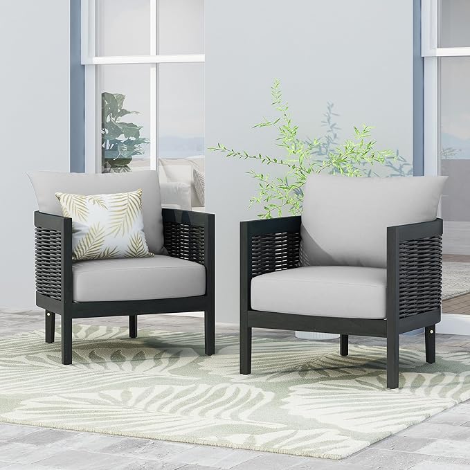 Merax Set of 2 Outdoor Acacia Wood Wicker Club Chair with Cushion,Patio Furniture Conversation Seat for Garden