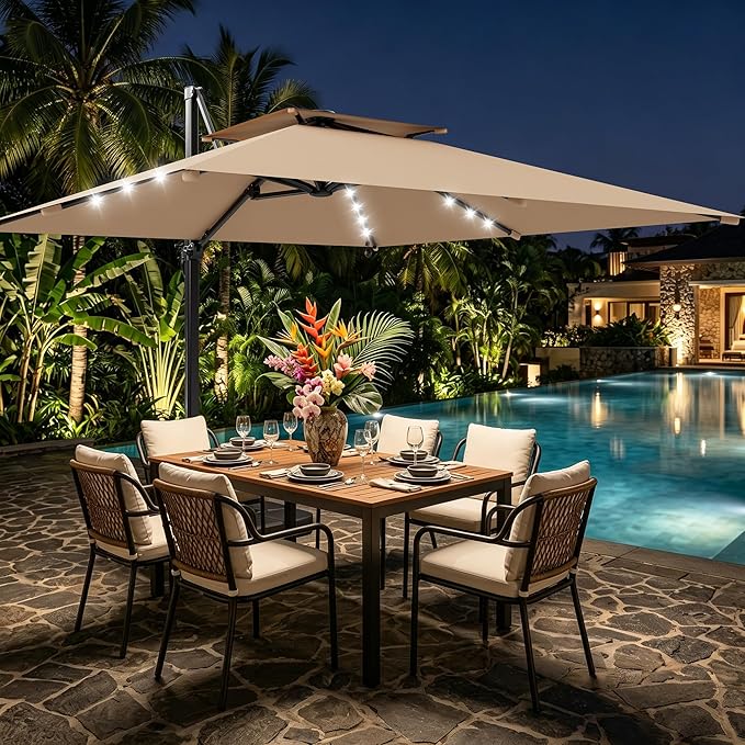 AreShark 10×10FT Solar LED Cantilever Umbrella, Double-Top Outdoor Patio Offset with 360 Degree Rotation, Square Offset Hanging Umbrella for Garden Deck Pool, Beige
