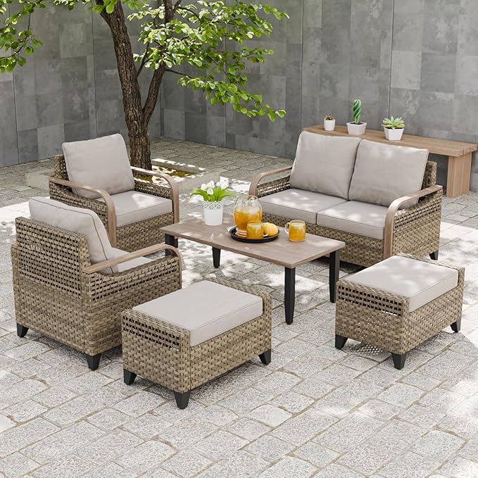 EAGLE PEAK Modern Wicker Outdoor Patio Furniture Set, Patio Conversation Set, 2 Chairs, 2-Seat Loveseat, 2 Ottomans and Coffee Table, 6 Pieces, Brown/Gray
