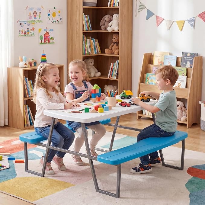 KOTEK Kids Picnic Table with Umbrella, Toddler Outdoor Table and Bench Set, Easy to Clean, HDPE Top & Metal Frame, 660LBS Capacity, Kids Patio Furniture for Backyard Park Garden (Blue)