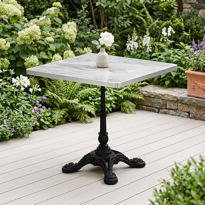 31.5" Square Outdoor Patio Dining Bistro Table, Sintered Stone Top | Glossy sintered stone top, cast iron tulip base, compact size for patio, balcony, garden, or café use, 2-4 People Dining