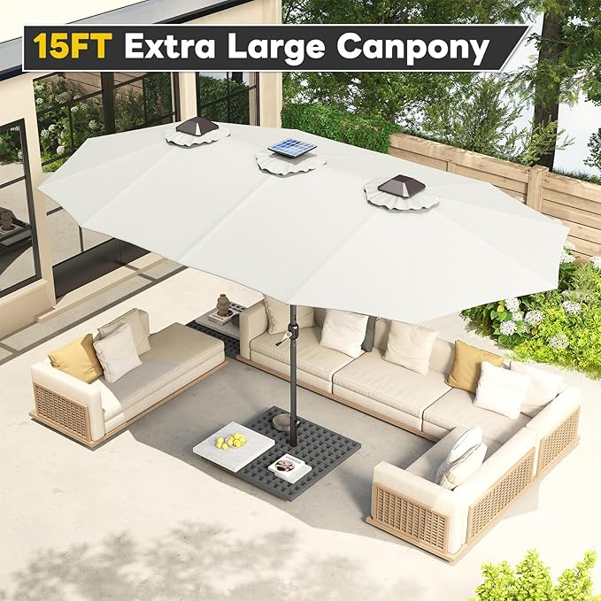 AECOJOY 15ft Patio Umbrella with Solar Lights, Outdoor Large Patio Umbrella with Crank Handle and 156 PCS LED Lights, Rectangular Market Umbrella for Backyard Deck Pool in Beige(1.9" Pole)