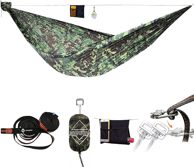 Onewind Camping Hammock, Ultralight Portable Hammock with Adjustable Ridgeline, Outdoor Hammock 20D Ripstop Nylon with 2 * 12Ft Tree Strap, Ideal for Camping, Hiking, Backpacking