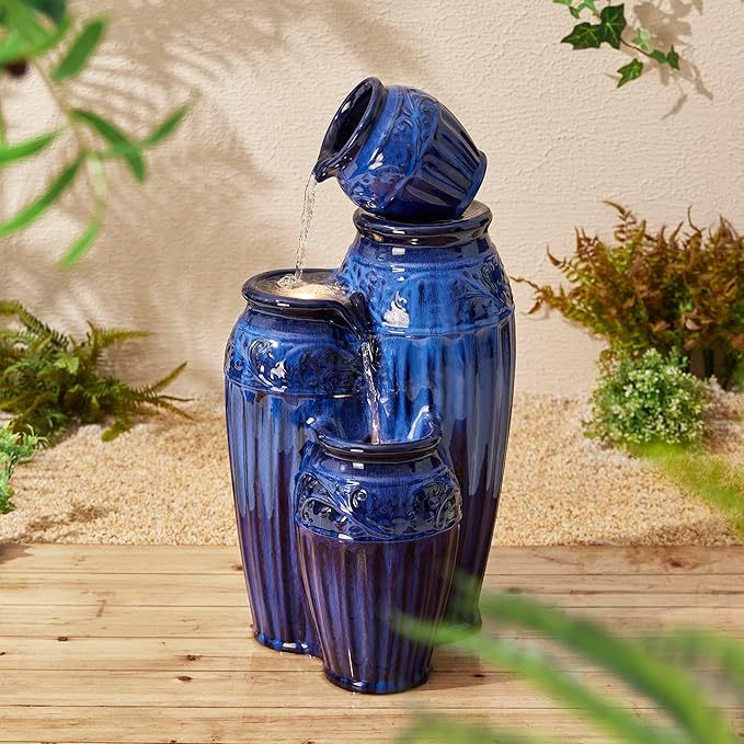 Glitzhome Ceramic Outdoor Water Fountain with LED Lights, 27.25" H 4-Tier Pots Outdoor Fountain, Cobalt Blue Glaze, Embossed Pattern, Decorative Water Feature, Cascading Waterfall for Garden, Patio