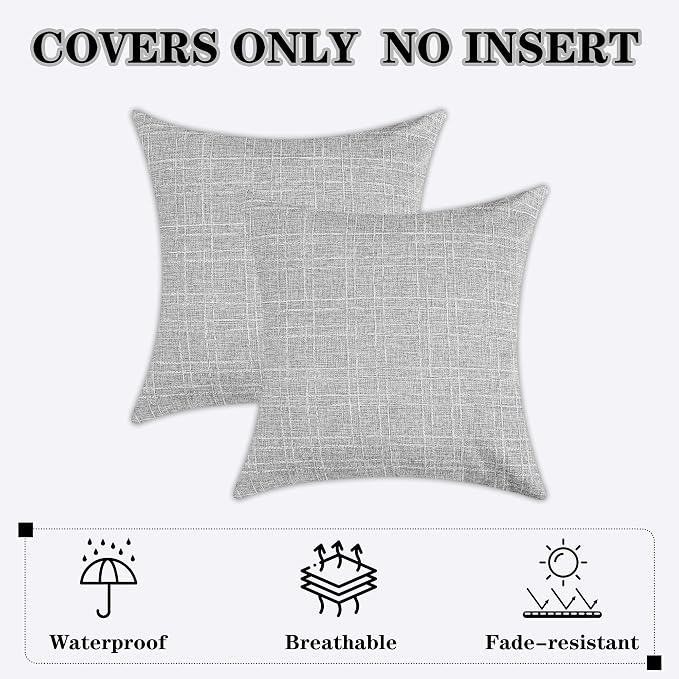 Kevin Textile Outdoor Waterproof 16”x16” Pillow Covers 2 Pack, Grey | Water Resistant, Soft Faux Linen-cotton Yarn-dyed Woven Texture Throw Pillow Covers for Tent Patio Garden Couch Sofa