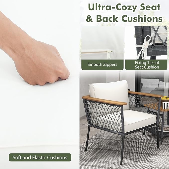 Tangkula 3 Piece Patio Furniture Set, Rattan Chair Set w/ 2-Tier Coffee Table, Acacia Wood Armrests & Tabletop, Soft Seat & Back Cushions, Outdoor Wicker Conversation Set (Off White+Grey)