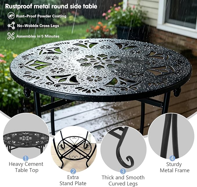 Fashion&cool 25" Outdoor Side Table, 2-Tier Round Metal Patio End Table, Heavy Duty Rust-Proof Coffee Table for Outside, Space Saving Balcony Sofa Small Table for Living Room Garden Deck, Black