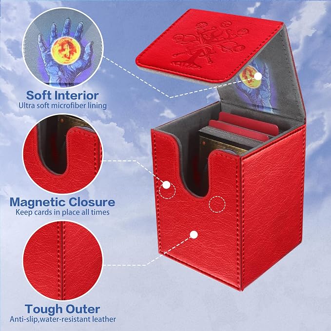 PROMAXIBINDER MTG Card Deck Box, Commander Deck Box Fits 100+ Single Sleeved Cards, Storage for TCG/MTG Crads, PU Leather Strong Magenet (Red, Tree)