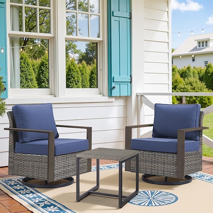 Belord Outdoor Swivel Rocker Chairs Set of 2 with Metal Wide Armrests, 3 Piece Patio Bistro Wicker Chairs with Side Table, Comfort Glider Furniture for Porch, Deck, Sunroom, Backyard