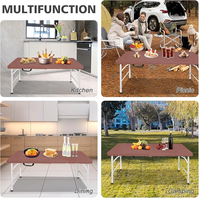 Portable 4Ft Folding Table, Heavy Duty Plastic Fold-in-Half Utility Foldable Table, Adjustable Height Plastic Folding Table with Carrying Handle for Camping &Party Indoor/Outdoor (Brown)
