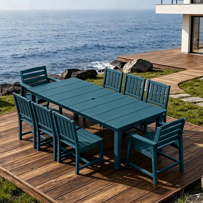 AreShark 9-Piece Outdoor Dining Set,HDPE Patio Table with 8 Chairs,All-Weather Patio Furniture Set with Umbrella Hole,Low Maintenance Wood Grain Dining Set for Backyard,Garden,Poolside,Navy Blue