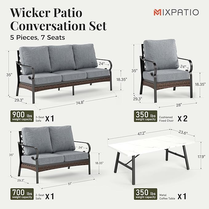 Patio Furniture Set with Coffee Table, Outdoor Conversation Set with 2 x Fixed Chairs, 1 x 2-Seat Sofa, 1 x 3-Seat Sofa for Lawn Garden Backyard, Grey