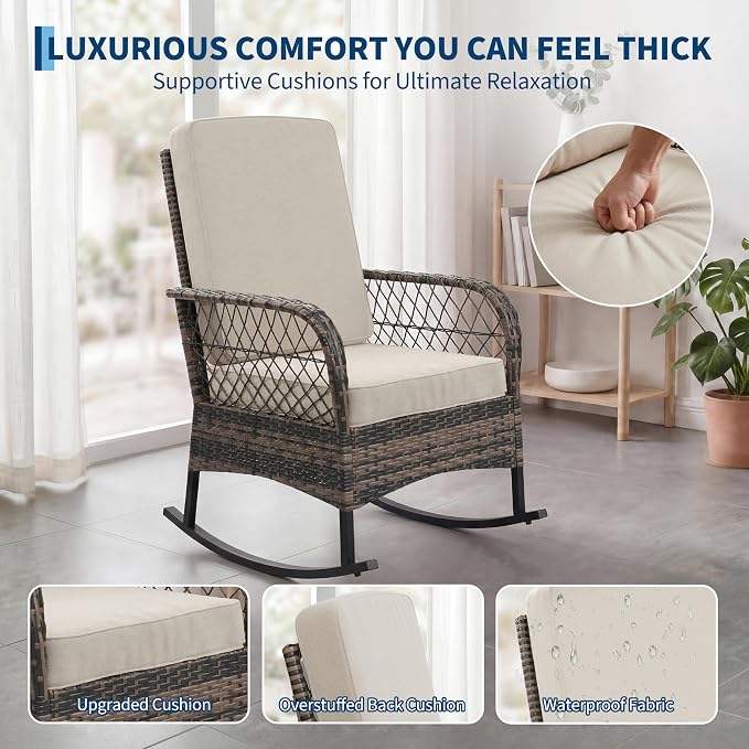 3 pcs Outdoor Rocking Bistro Set, Wicker Rocking Bistro Set with Thick Cushions, Outdoor Rocker Chairs and Coffee Table for Porch, Backyard or Garden (Brown&Beige)