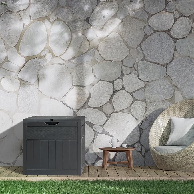 OOD & Rattan Plastic Garden Storage Box,30 Gallon Resin Outdoor Storage Box and Patio Furniture Side Table for Pool and Garden Accessories, Gray