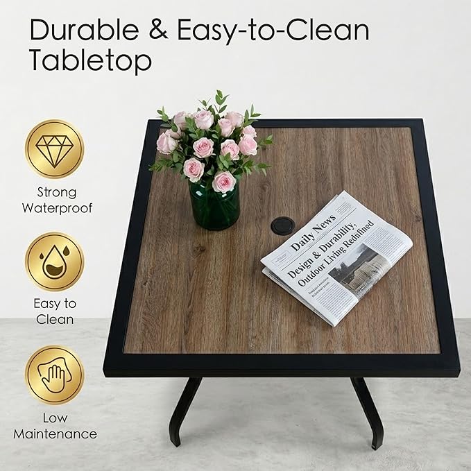 Kozyard 37" Square Outdoor Dining Table for 4, Patio Table with Umbrella Hole, Heavy Duty Steel Frame & Wood-Look Top, Weather Resistant Patio Table for Backyard, Balcony, Garden Black
