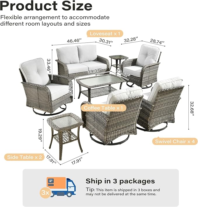8 Pieces Patio Conversation Sets,Patio Furniture Set with Swivel Rocking Chairs,Coffee Table, Side Table, All Weather Rattan Wicker Outdoor Sectional Furniture Set for Porch Balcony Backyard Gray