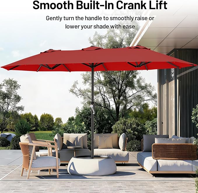 AreShark 15ft Patio Umbrella with Base, Double Sided Outdoor Umbrella with 12 Fiberglass Ribs, Large Outdoor Umbrella for Garden, Pool, Deck, Backyard & Market, Red