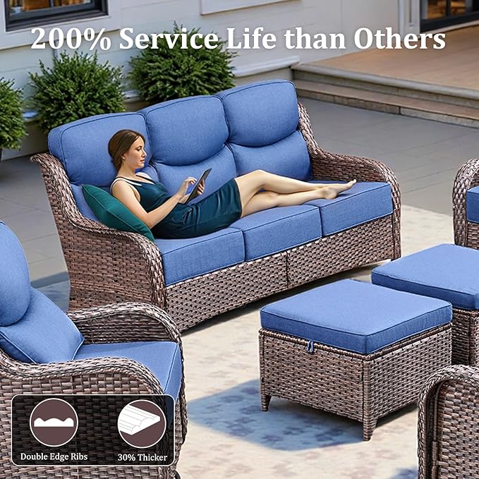 71'' Patio Couch Outdoor Wicker Sofa, Heavy Duty All-Weather Rattan 3-Seater Sofa with Deep Seating and Removable Cover, Outdoor Patio Furniture for Deck Porch Sunroom Backyard Brown/Blue