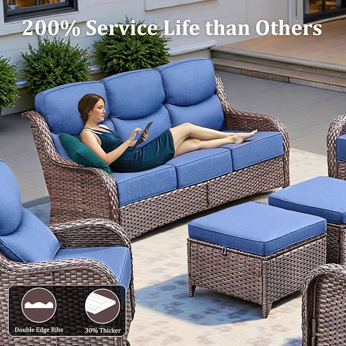 Luxury High Back Patio Furniture Set with 6-Inch Thick Cushions, 9-Pieces Outdoor Furniture with Swivel Chairs, Wicker Conversation Set for Porch, Balcony, Deck and Yard, Brown/Blue
