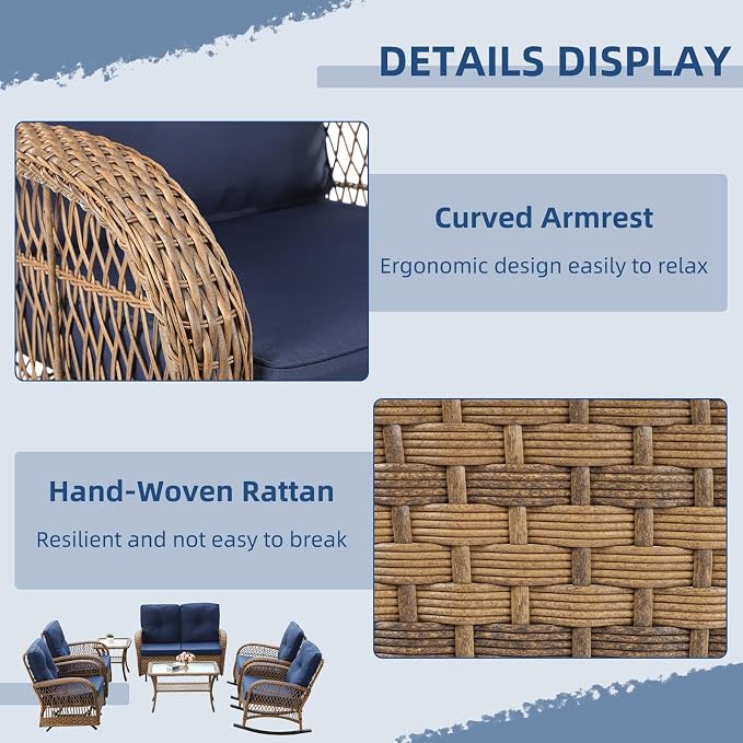 7-Piece Wicker Patio Furniture Sets Outdoor All-Weather Rattan Conversation Set Includes Glider Loveseat, 2 Glass-Top Coffee Tables, 2 Glider-Rocker Chairs for Porch Backyard, Navy Blue