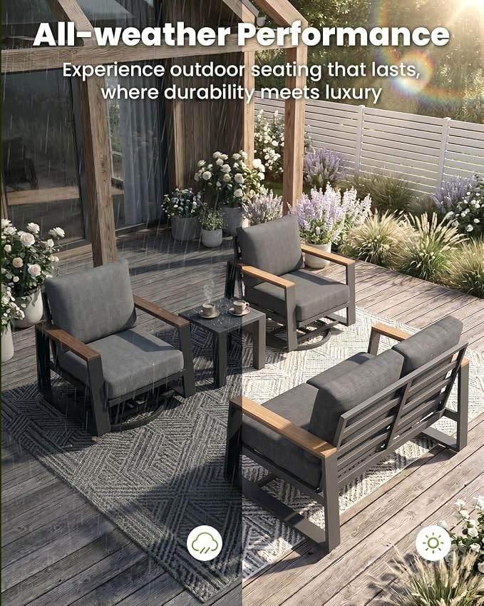 Aluminum Outdoor Patio Furniture Set, 4-Piece Patio Conversation Set with 5" Thick Cushions, Aluminum 360-Degree Large Outdoor Furntiure Set with Side Table and Loveseat, Graphite